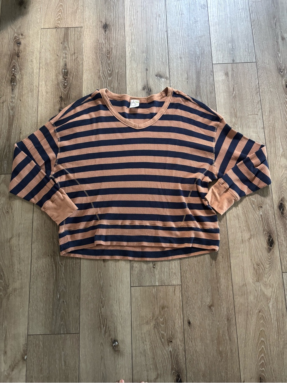 OFFLINE By Aerie Wow! Waffle Oversized Long Sleeve Striped Tee Top Blue Tan L